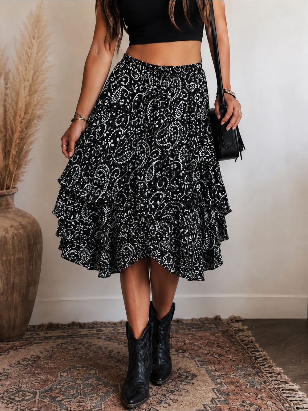 Vintage Silverstream Black White Paisley Ruffle Boho Midi Skirt One Size Whimsy
